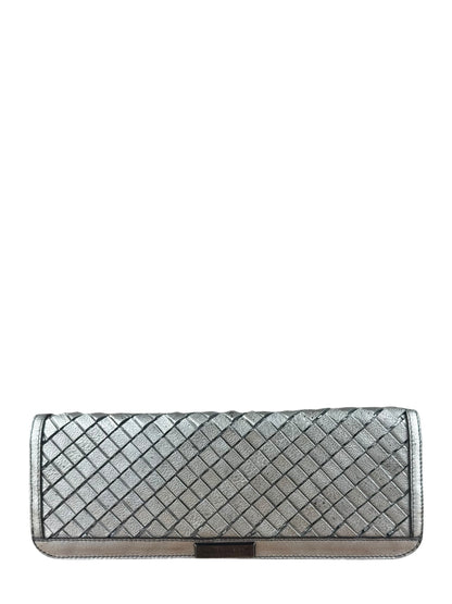 Burberry Metallic Woven Leather Clutch Silver