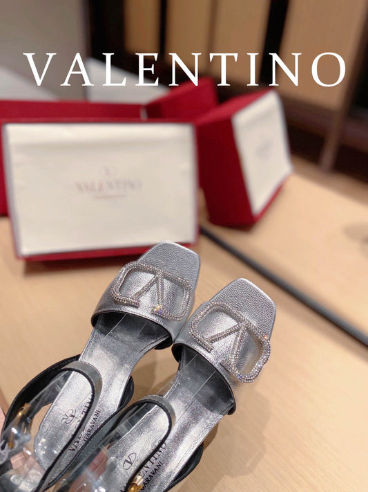 VAL -  Garavani Strap Heeled Sandals With V Logo Crystal Embellishment SilAmelia- For Women