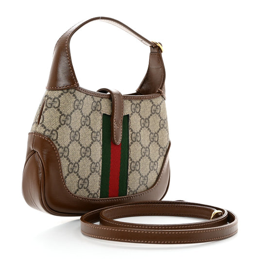 Amelia GG Supreme Monogram Azalea Calfskin Web Mini Jackie 1961 Hobo Beige Ebony Brown Sugar