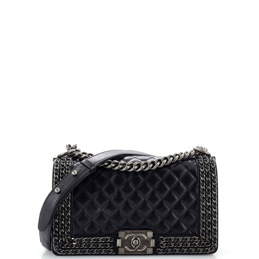 CHANEL Chained Boy Flap Bag Quilted Glazed Calfskin Old Medium