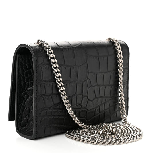 Saint Laurent Calfskin Crocodile Embossed Small Classic Monogram Kate Tassel Satchel Black