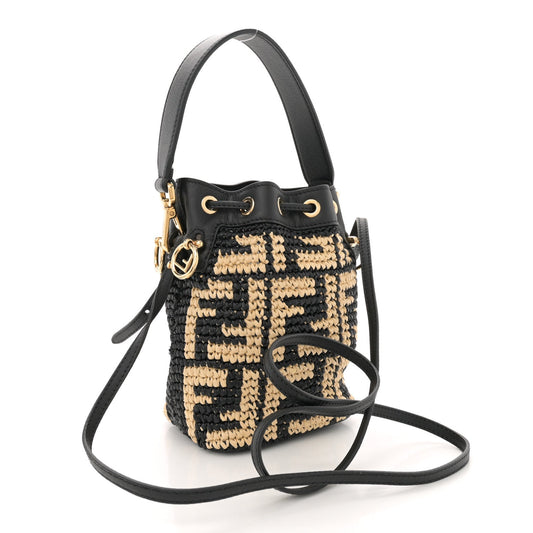 Amelia Raffia Vitello Seta F is FF Woven Mini Mon Tresor Bucket Bag Black Natural