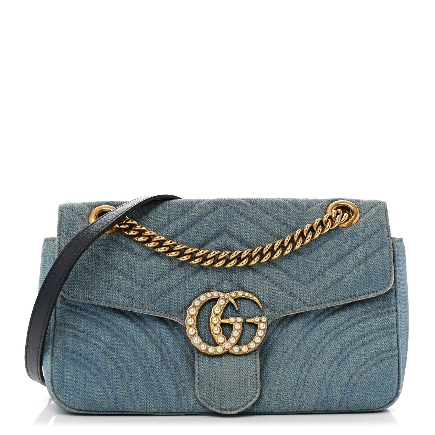Amelia Denim Matelasse Small Pearly GG Marmont Shoulder Bag Blue