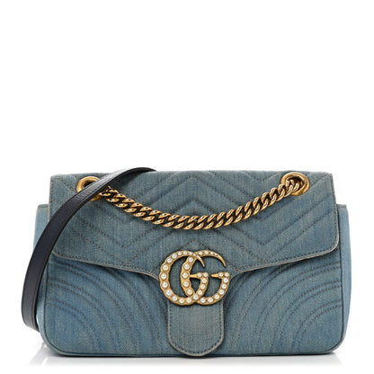 Amelia Denim Matelasse Small Pearly GG Marmont Shoulder Bag Blue