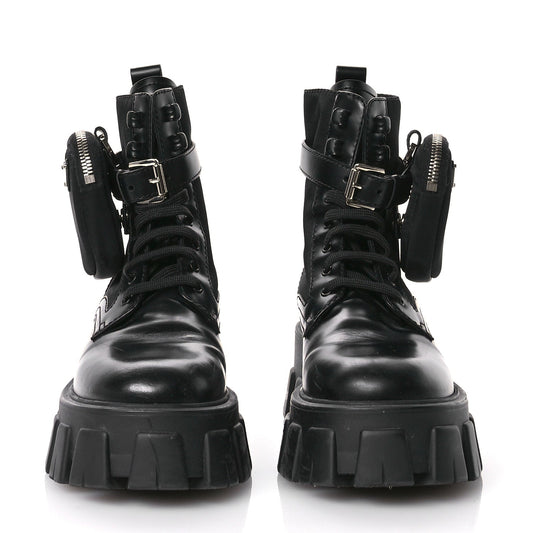 Prada Spazzolato Rois Re-Nylon Metal Triangle Logo Monolith Pouch Pocket 55mm Boots 35.5 Black