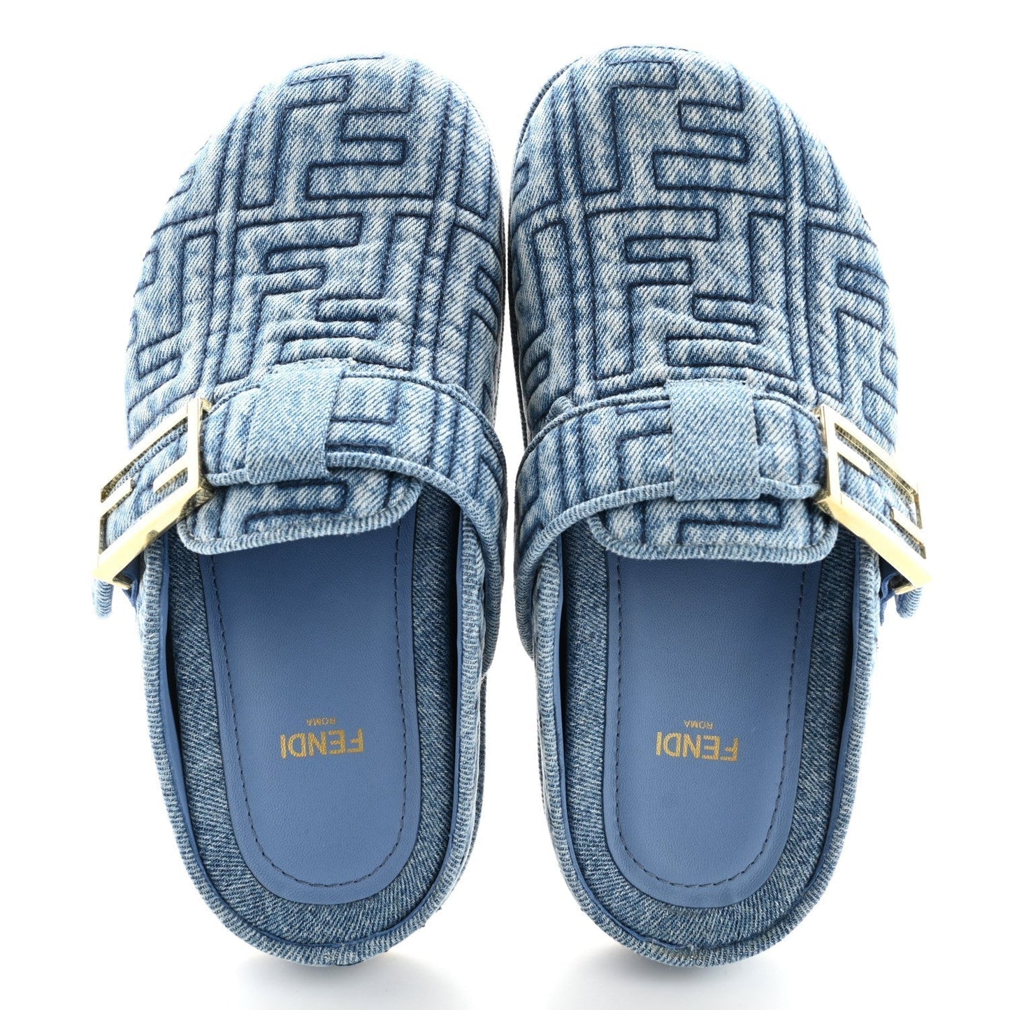 Amelia Denim Jacquard FF Womens Feel Buckled Mules 35 Blue