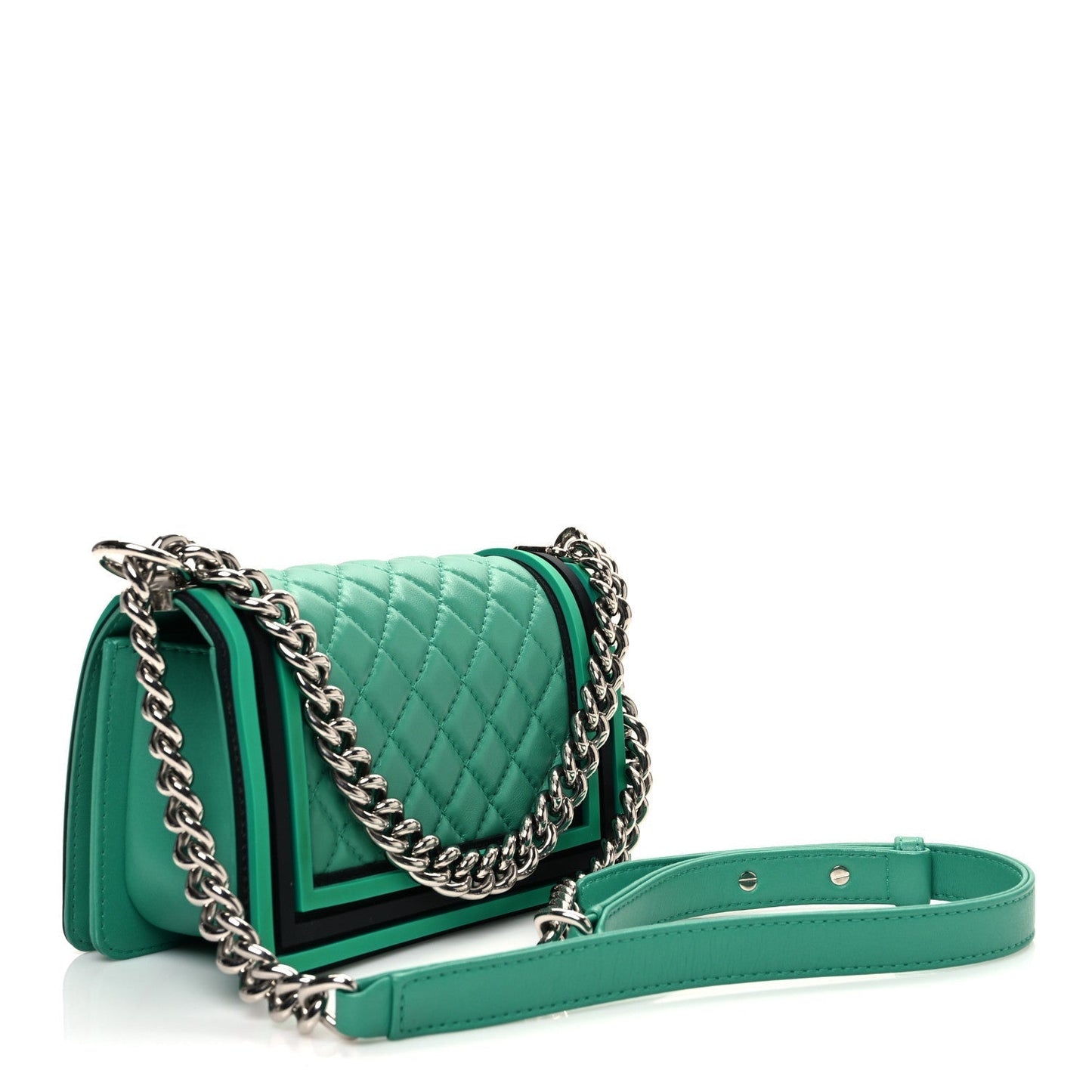Amelia Lambskin Rubber Quilted Small Tone Boy Flap Green Black
