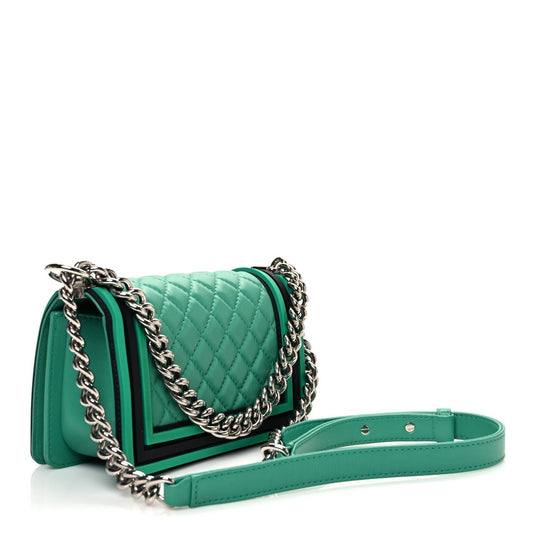 Amelia Lambskin Rubber Quilted Small Tone Boy Flap Green Black