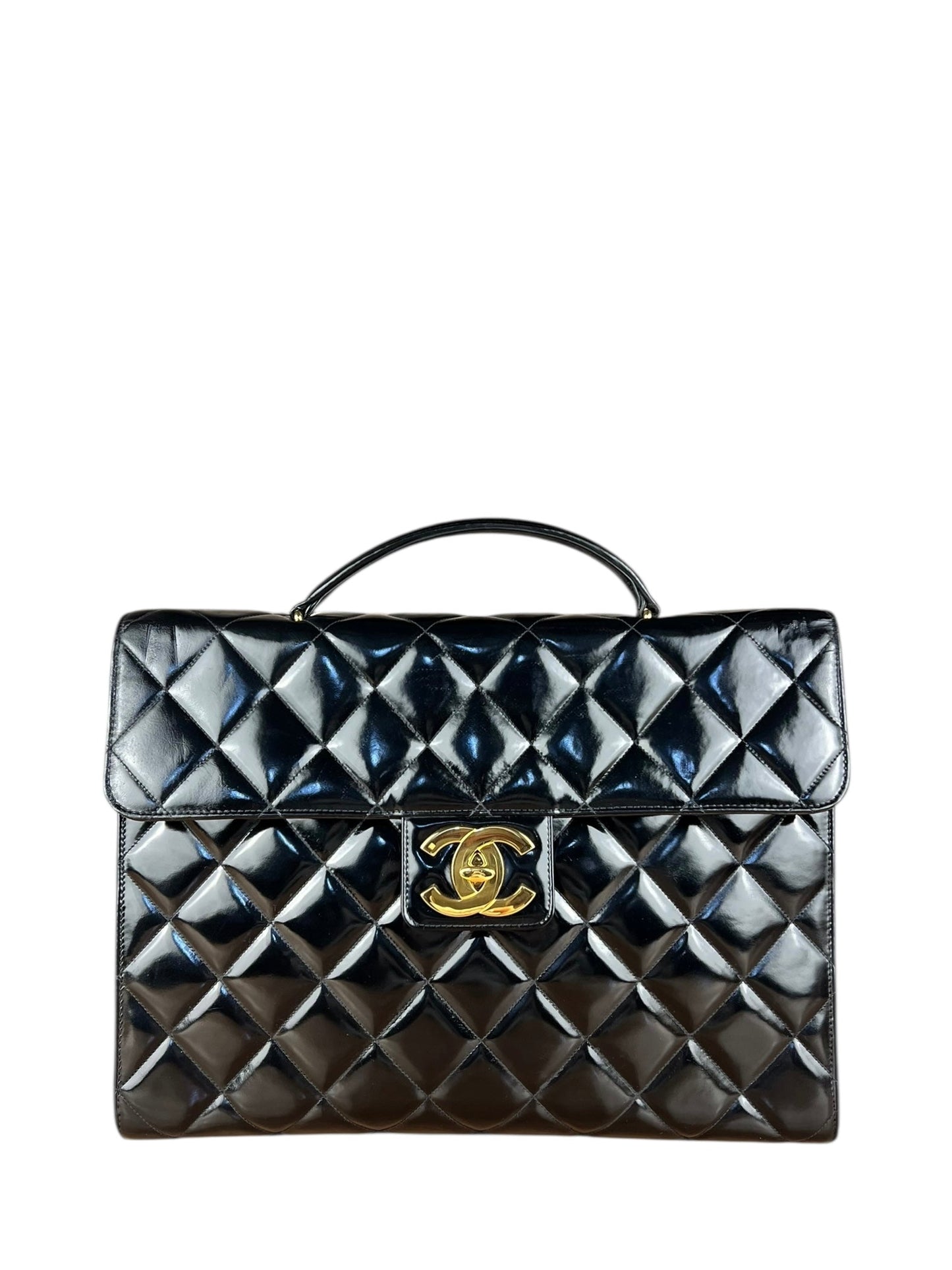 Chanel CC Black Patent Quilted Flap Briefcase Handbag '95