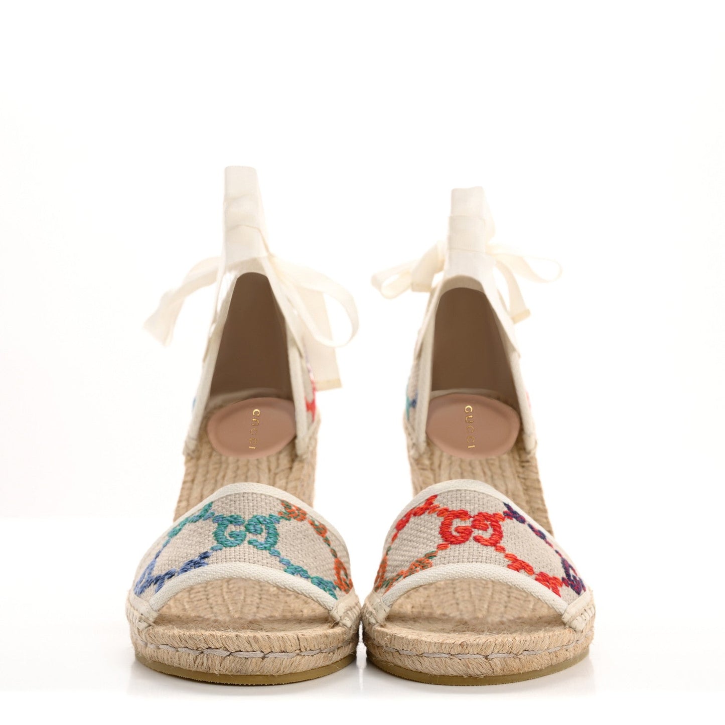 Amelia Linen Psychedelic Mini GG Monogram Ankle Wrap Platform Espadrille Wedge Sandals 39 Multicolor Mystic White