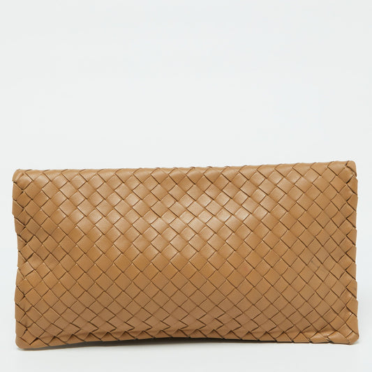 Bottega Veneta Beige Intrecciato Leather Twist Lock Flap Clutch