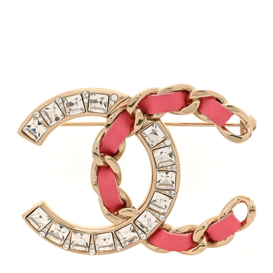Amelia Lambskin Baguette Crystal CC Chain Brooch Pink Gold