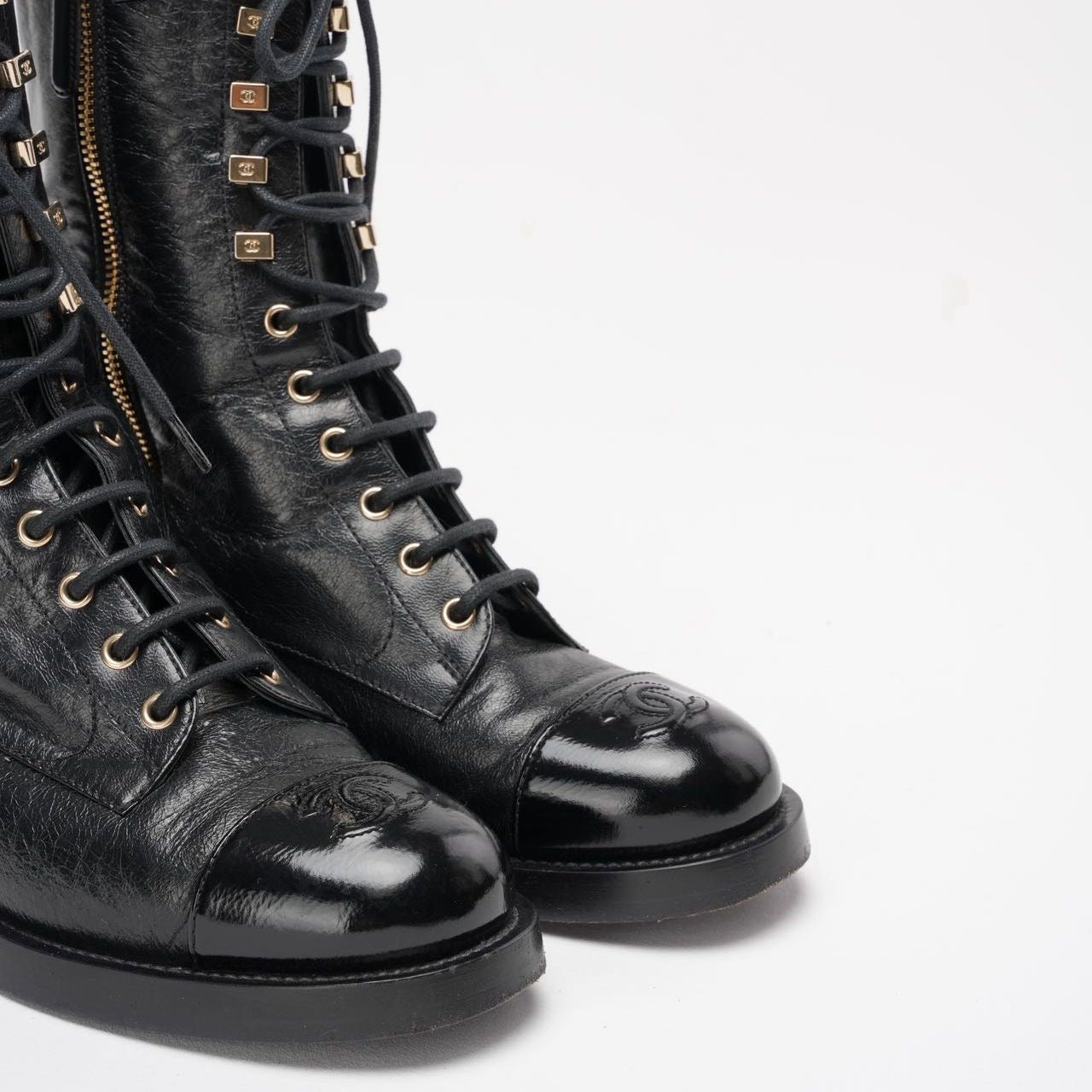 Chanel Black Calfskin Lace Up Combat Boots 39
