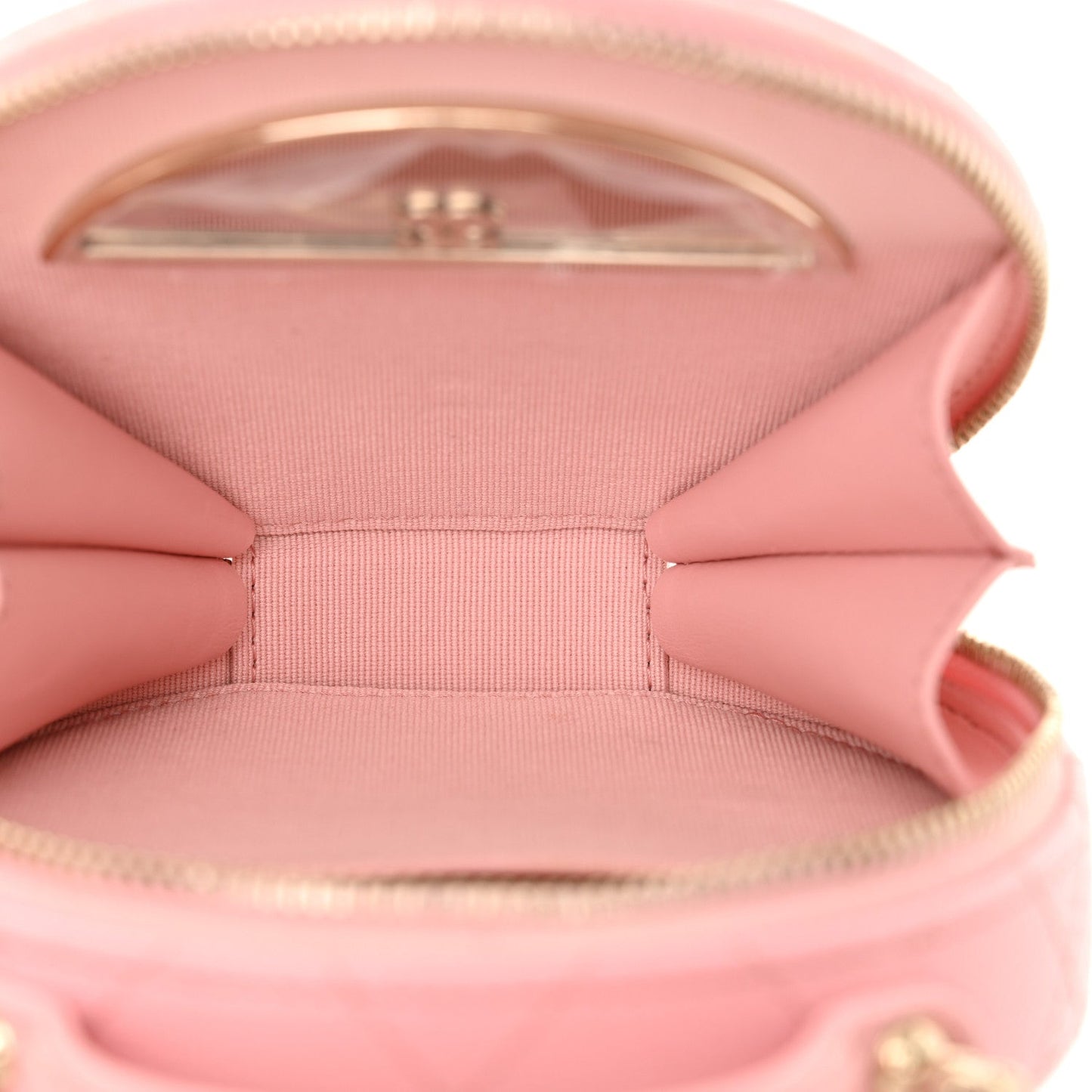 Amelia Caviar Quilted Round Handle With Care Vanity With Chain Pink