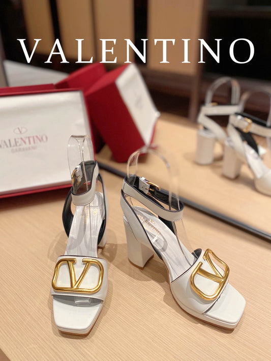 VAL -  Garavani Strap Heeled Sandals With V Logo Signature Embellishment White For Women