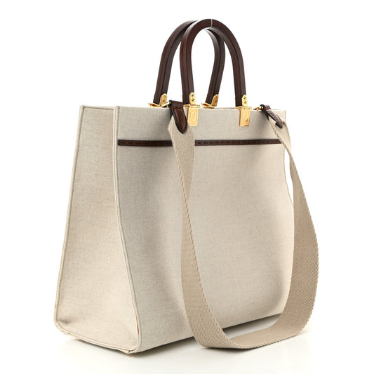 Amelia Canvas Vitello King Logo Embroidered Medium Sunshine Shopper Tote Grezzo Ghianda