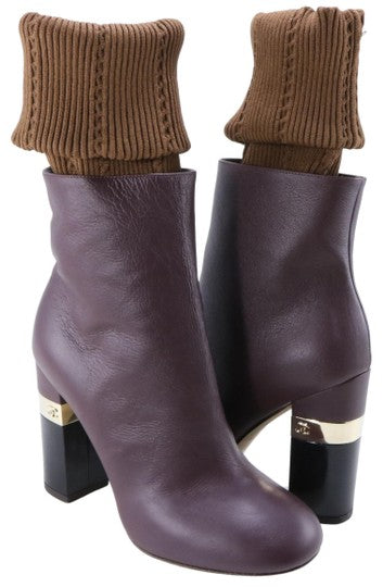CHANEL BROWN MAILER 16K CHUNKY HEEL LOGO BOOTS