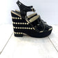 CHANEL CALFSKIN GROSGRAIN PEARL CC WEDGE SANDALS