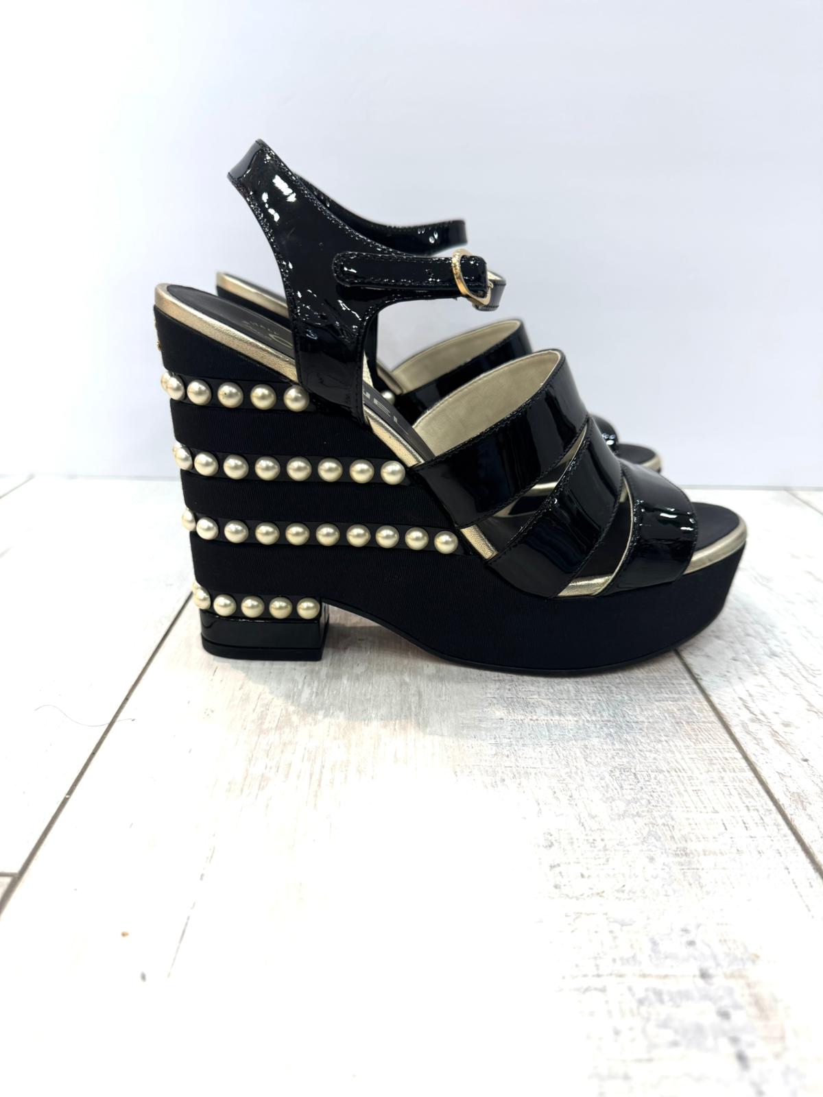 CHANEL CALFSKIN GROSGRAIN PEARL CC WEDGE SANDALS