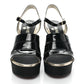 CHANEL CALFSKIN GROSGRAIN PEARL CC WEDGE SANDALS