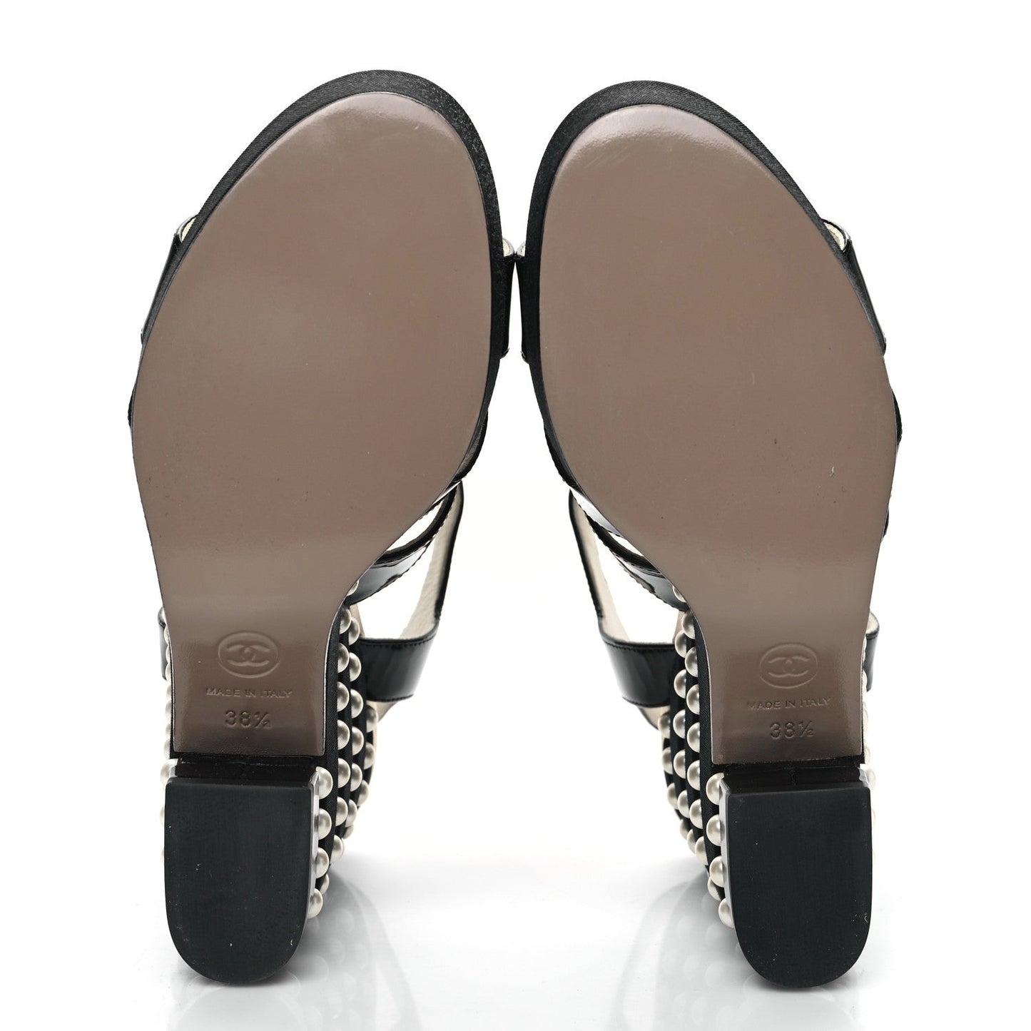 CHANEL CALFSKIN GROSGRAIN PEARL CC WEDGE SANDALS