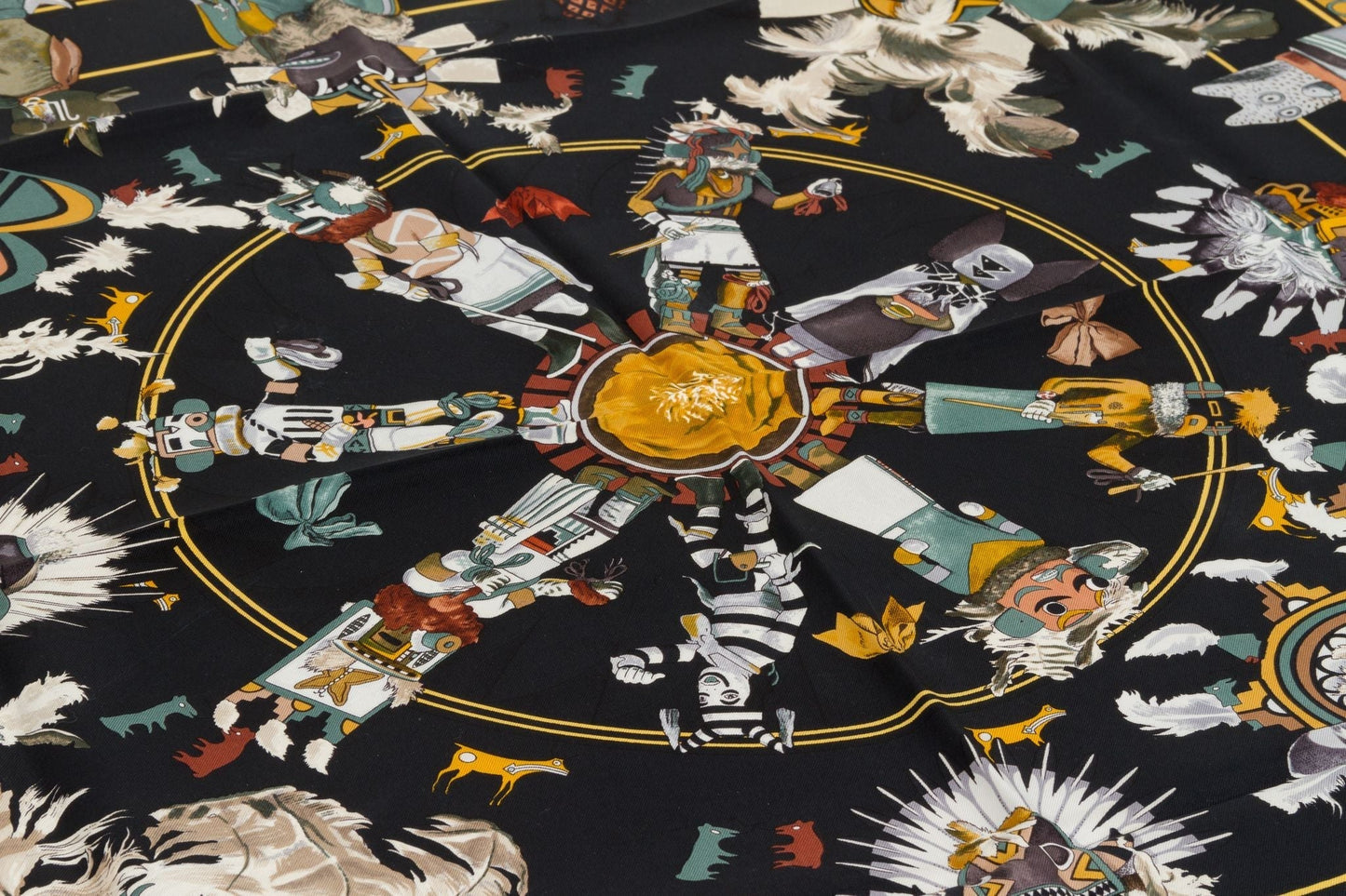 Hermes Black Silk Kachinas Scarf
