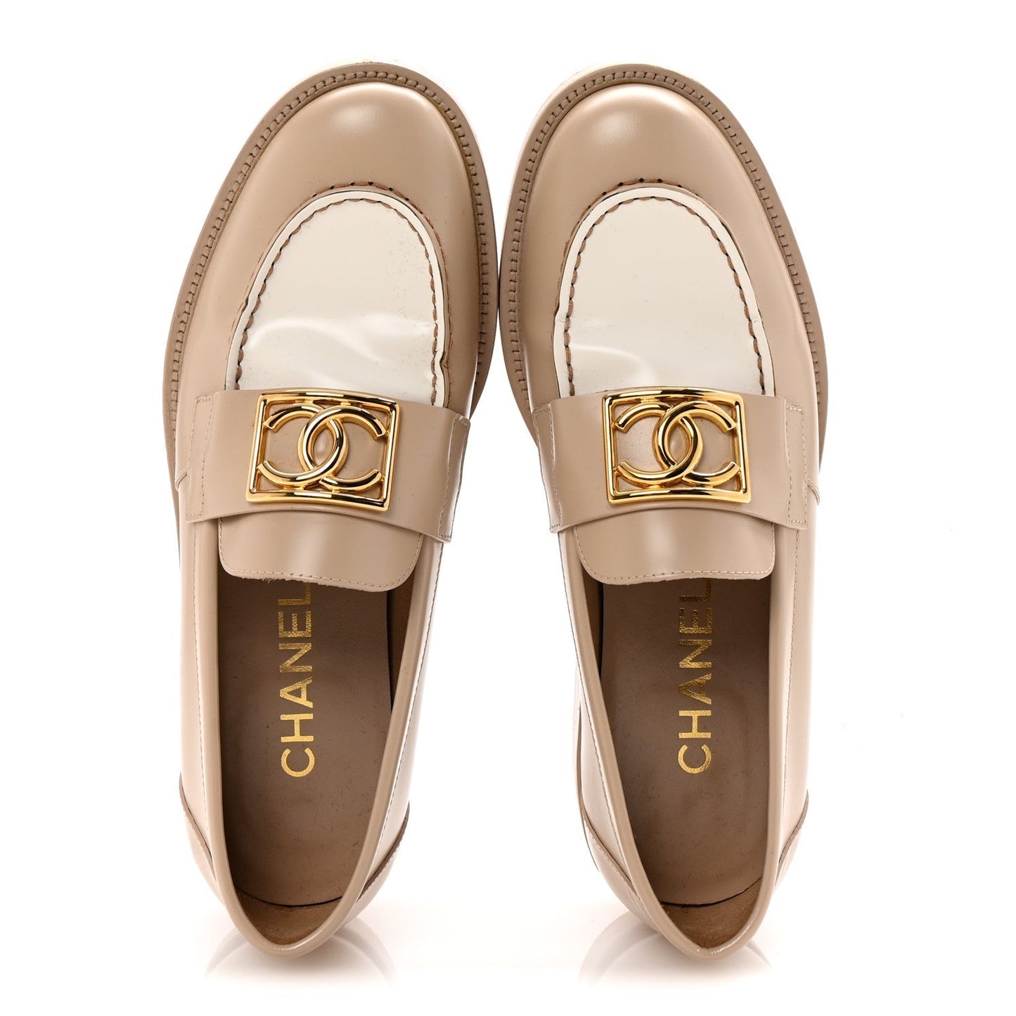 Amelia Shiny Calfskin CC Loafers 38 Beige White