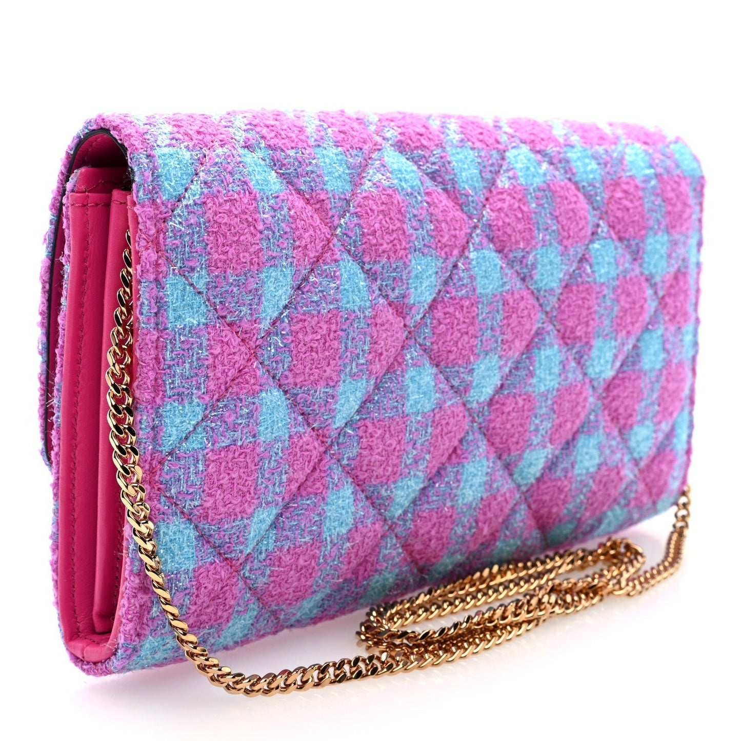 Versace Tweed Quilted Medusa Wallet on Chain Crossbody Pink Blue