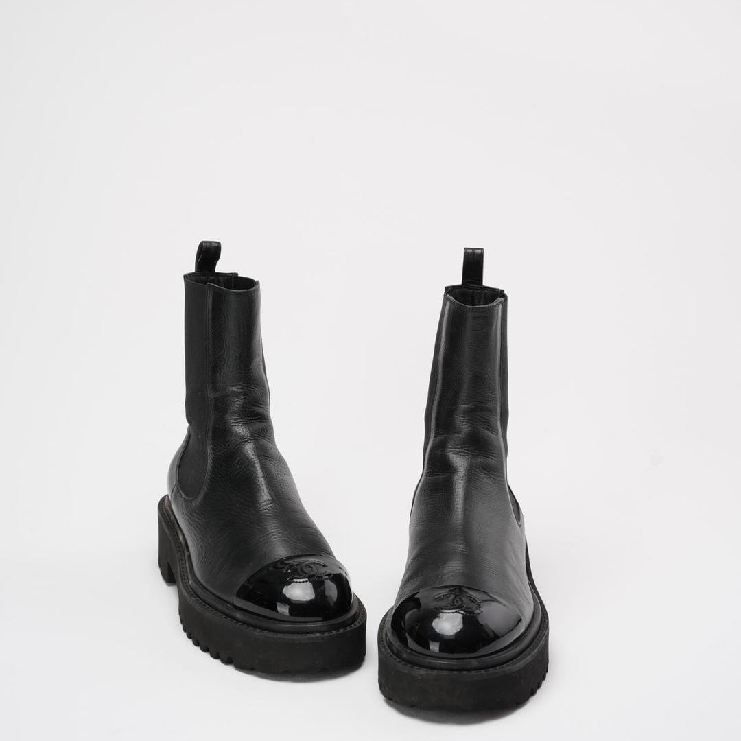 Chanel Black Crumpled Cap Toe Short Boots 38