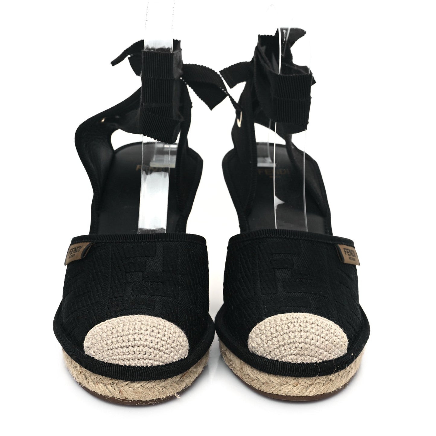 Amelia Canvas FF Embroidered Roma Ankle Wrap Wedge Espadrilles 36 Black