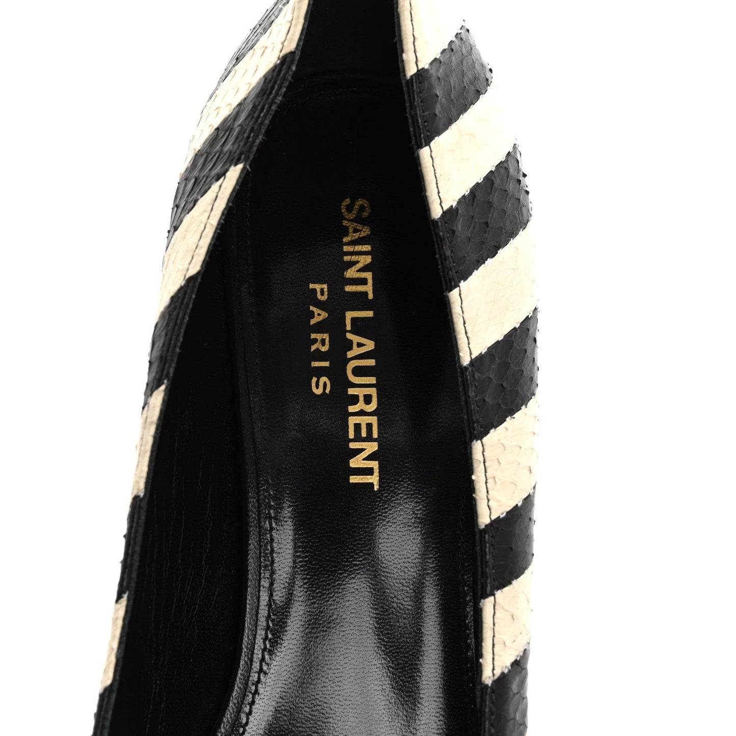 Saint Laurent Elaphe Snakeskin Striped Kiki Kitten Heel Pumps 38.5 Black Off White
