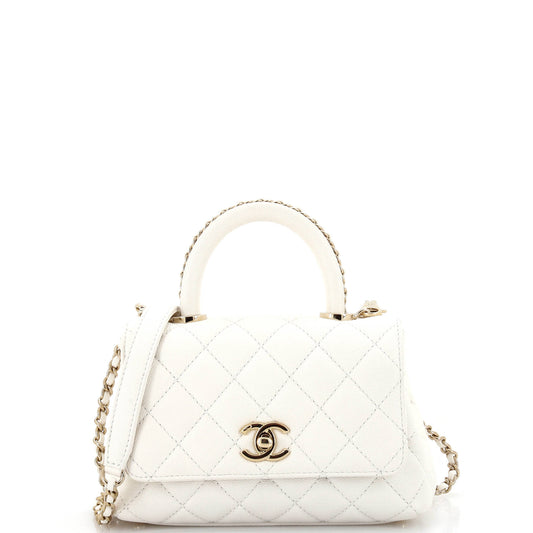 CHANEL Coco Top Handle Bag Quilted Caviar with Chain Detail Handle Extra Mini