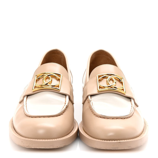 Amelia Shiny Calfskin CC Loafers 38 Beige White