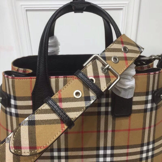 B-Berry - BB  House Check Derby Medium Banner Purse Tote Black For Women, Women’s Bags 14in/35cm