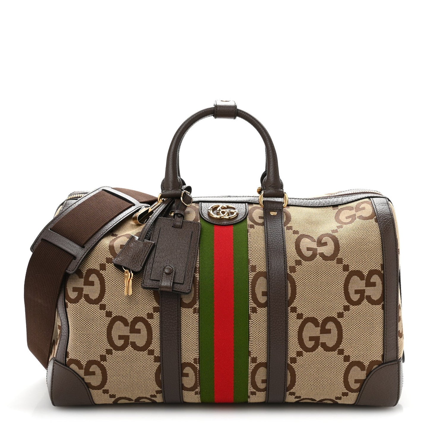 Amelia Monogram Jumbo GG Textured Dollar Calfskin Web Medium Duffle Bag Camel Ebony