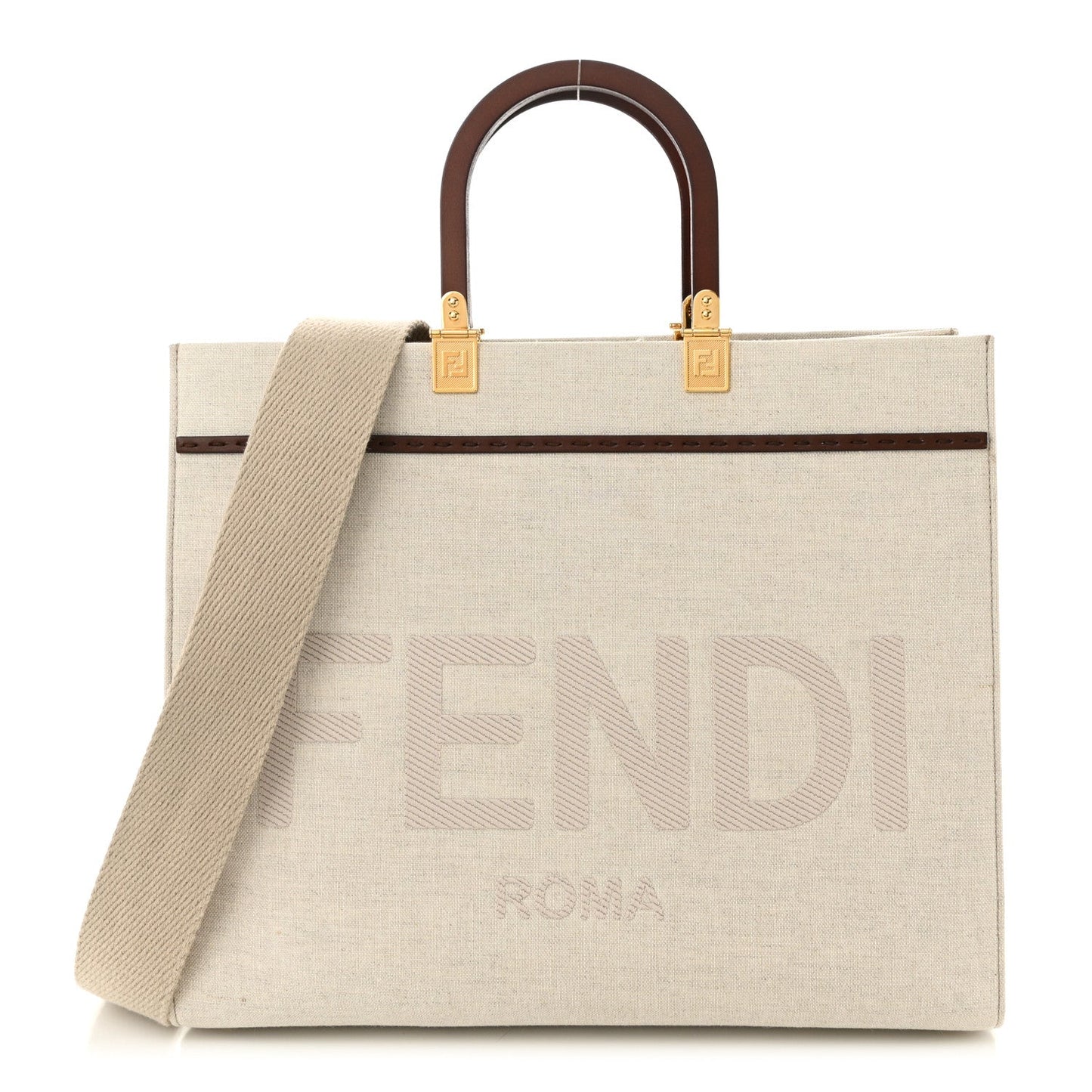 Amelia Canvas Vitello King Logo Embroidered Medium Sunshine Shopper Tote Grezzo Ghianda