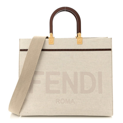 Amelia Canvas Vitello King Logo Embroidered Medium Sunshine Shopper Tote Grezzo Ghianda