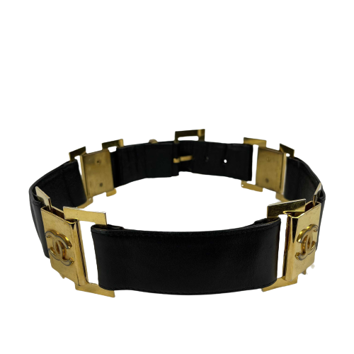 CHANEL   1980's Black Leather and Gold Buckle CC Link Belt