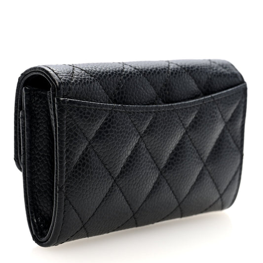 Amelia Caviar Quilted Flap Card Holder Wallet Black