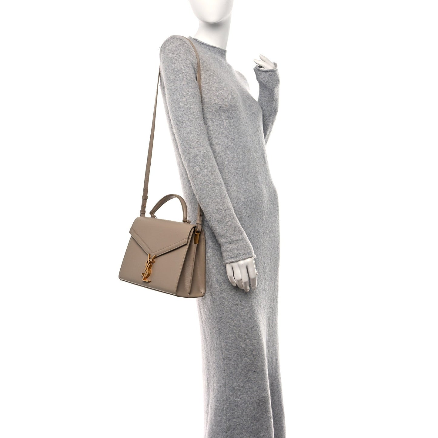Saint Laurent Grain de Poudre Medium Classic Monogram Cassandra Top Handle Dark Beige