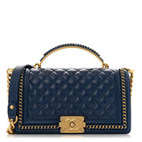 Amelia Lambskin Quilted Medium Top Handle Boy Flap Dark Blue