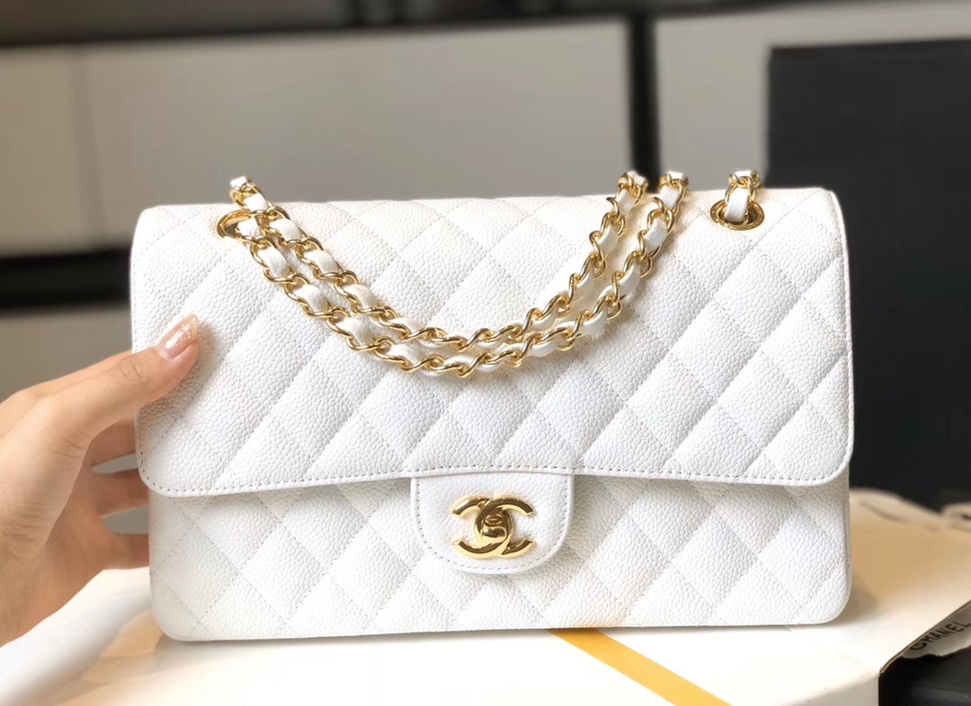CHL -  Classic Medium Flapbag Golden Hardware White 10in/25.5cm