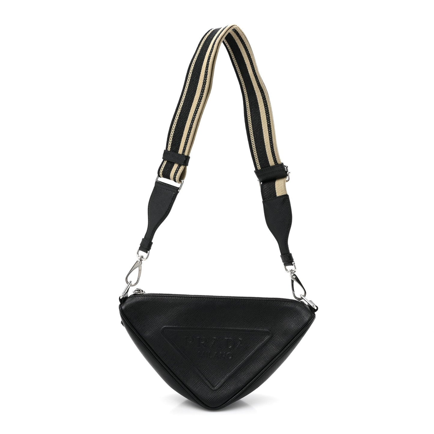 Prada Saffiano Cuir Triangle Logo Embossed Triangle Shoulder Bag Black