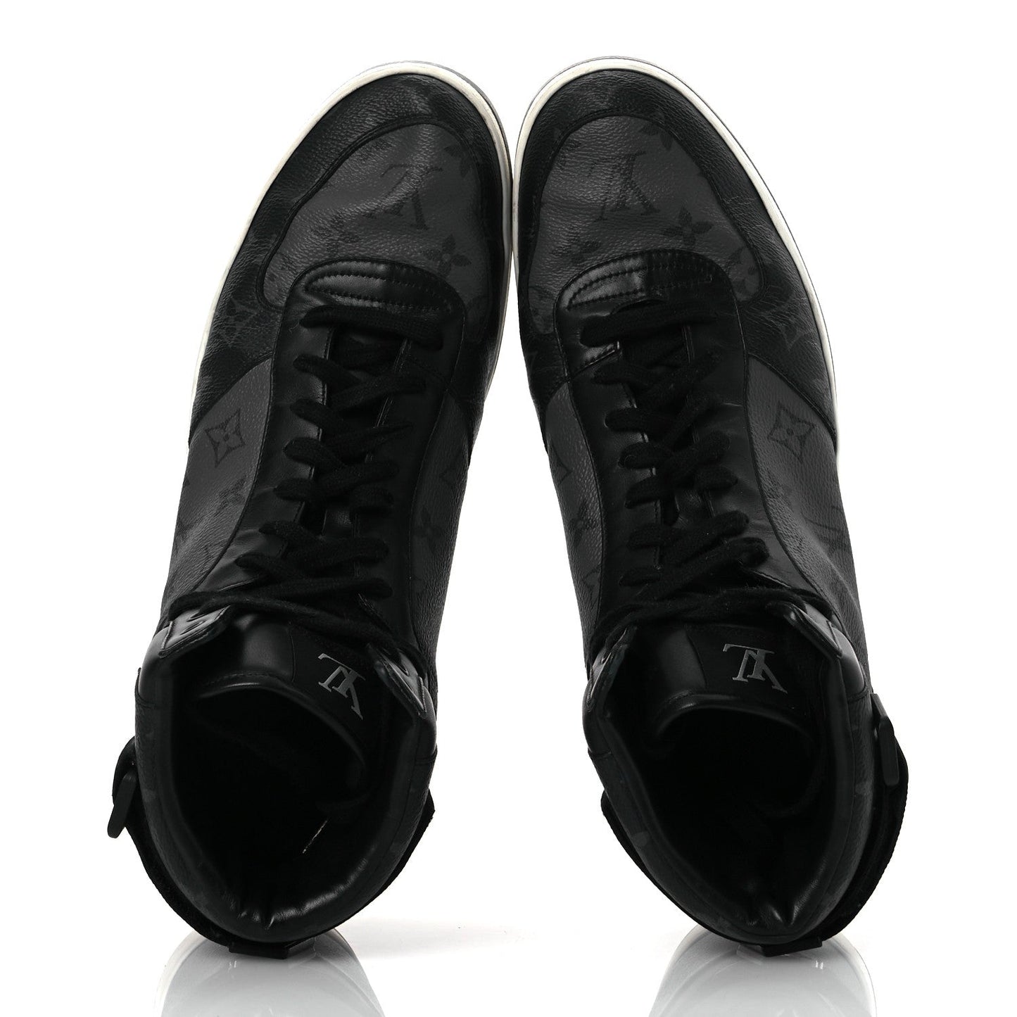 Louis Vuitton Calfskin Monogram Eclipse Mens Rivoli High Top Sneakers 10.5 Black Grey