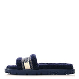 Christian Dior Shearling Canvas Lurex Embroidered Dway 10mm Slide Sandals 41 Navy Natural