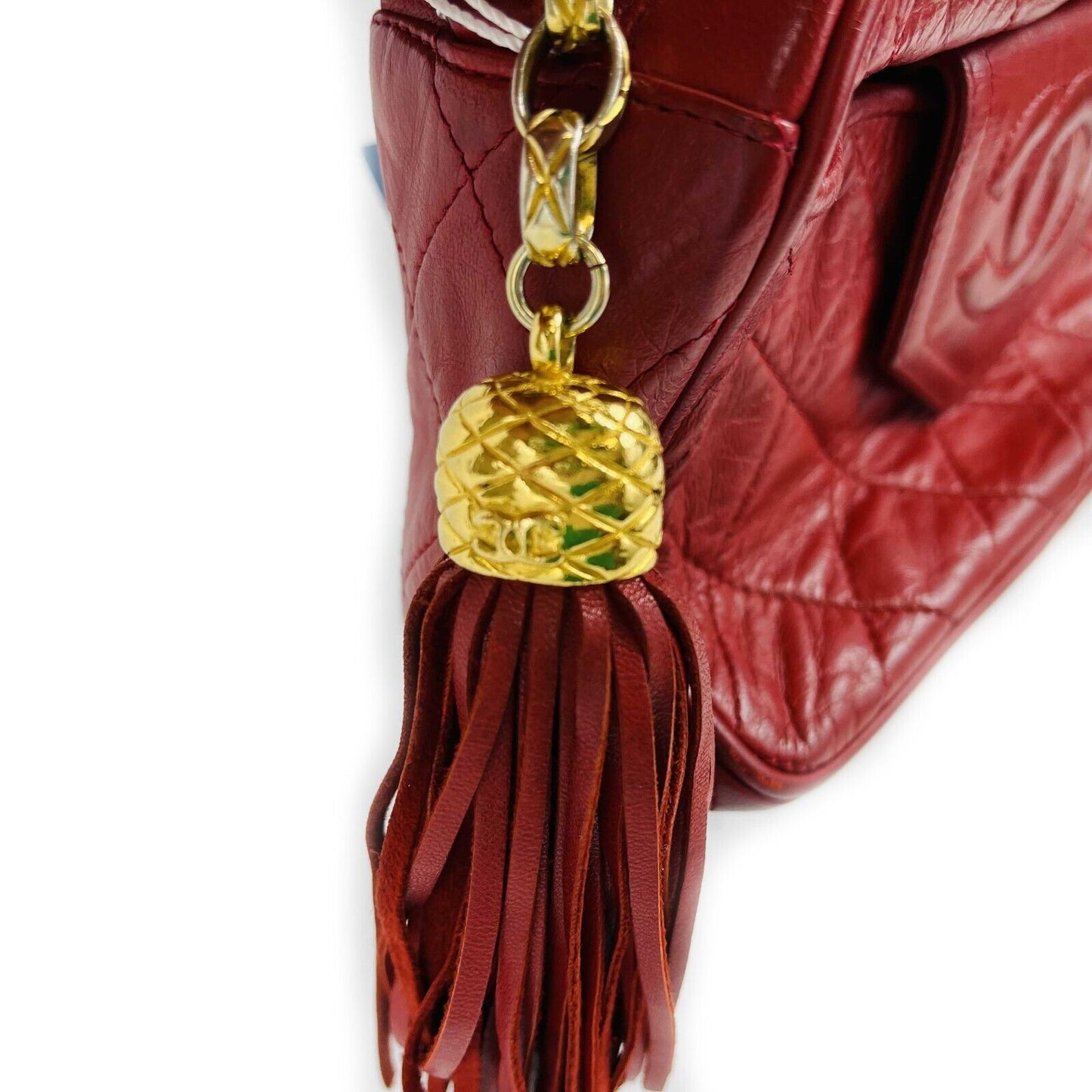CHANEL   CC Red Lambskin Gold Chain Tassel Camera Bag Crossbody