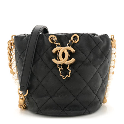 Amelia Calfskin Quilted Pearl Mini About Pearls Drawstring Bucket Bag Black