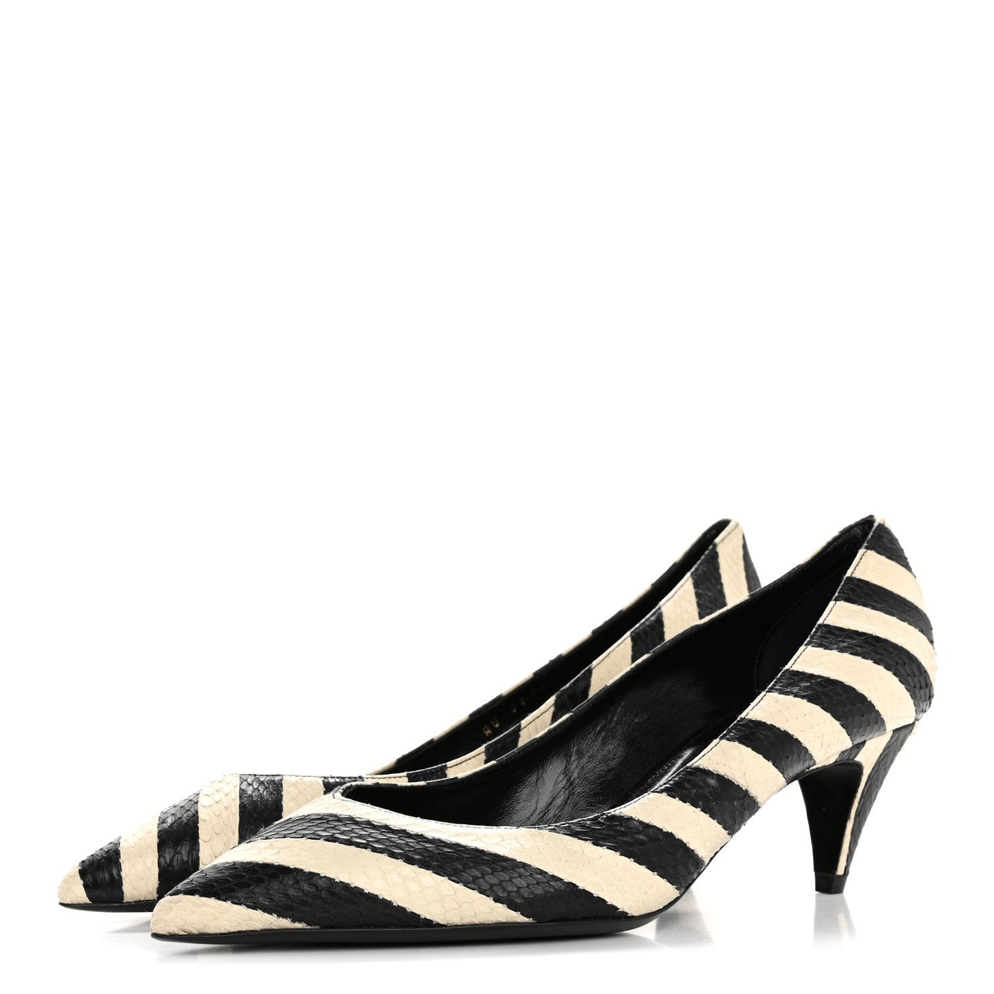 Saint Laurent Elaphe Snakeskin Striped Kiki Kitten Heel Pumps 38.5 Black Off White