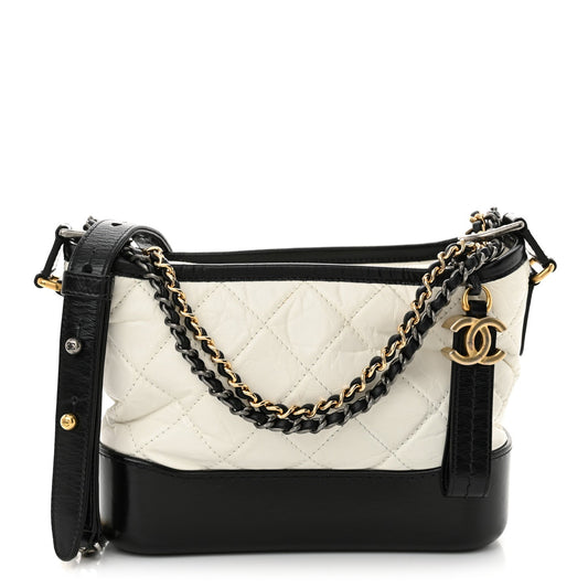 Amelia Aged Calfskin Quilted Small Gabrielle Hobo Black White