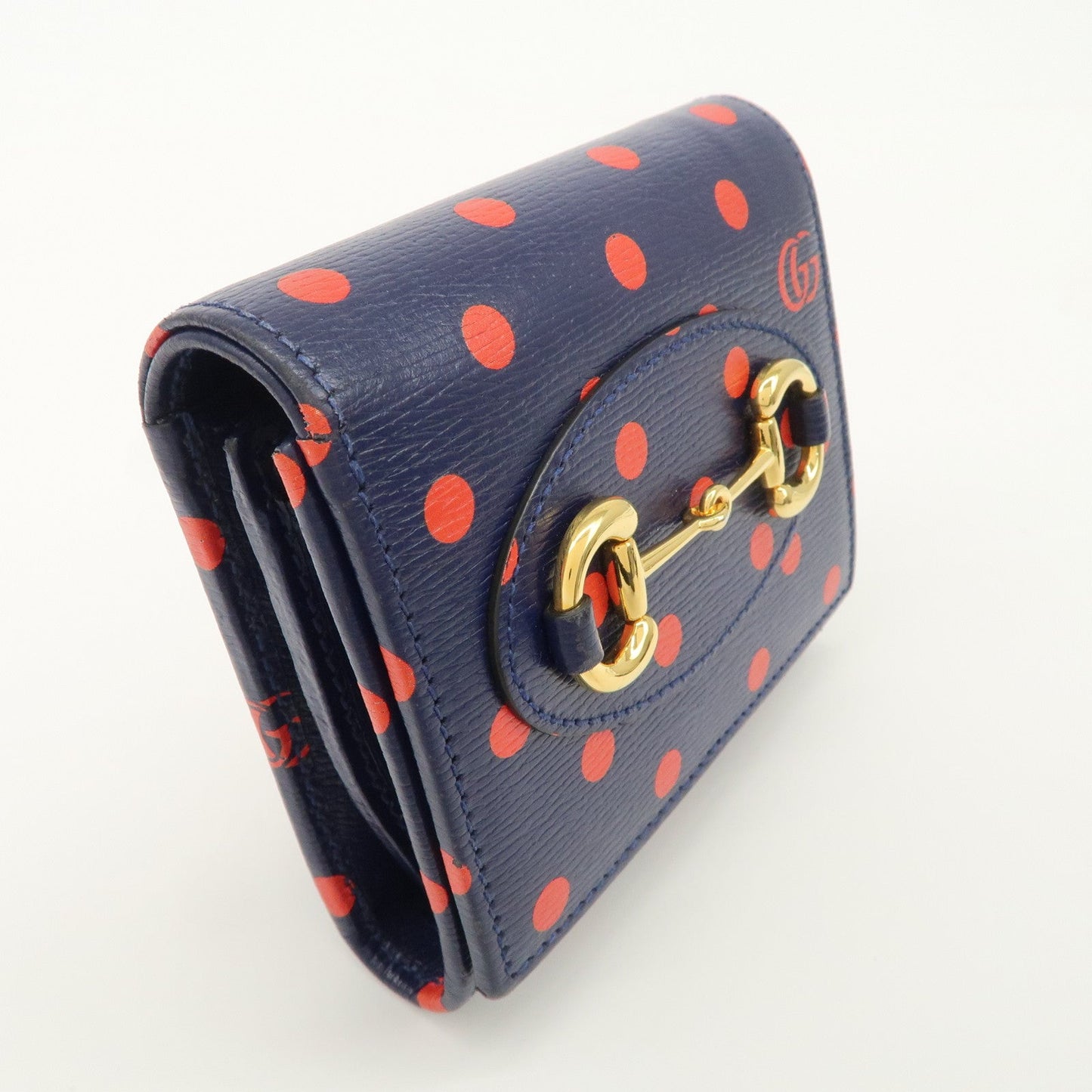 GUCCI Horsebit Dots Pattern Leather Bi-fold Wallet Navy Red 621891  d